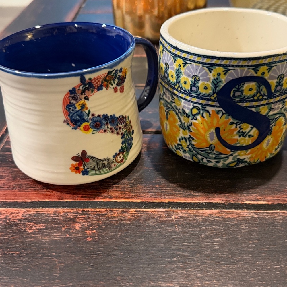 Anthropologie “s” Floral and Patterned Monogram Mugs lot of 2